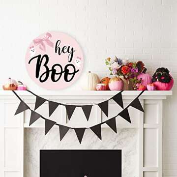 Gankbite Halloween Hey Boo Wood Sign Pink Ghost Door Hanger Fall Farmhouse Outdoor Front Porch Decoration, pink black
