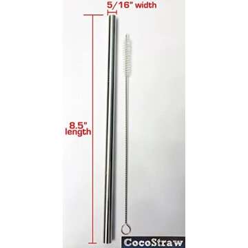 4 Stainless Steel Wide Smoothie Straws - CocoStraw Large Straight Frozen Drink Straw - 4 Pack + Cleaning Brush (4)