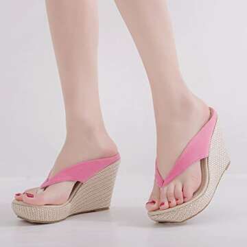 FSJ Women Cute Flowers Thong Flip Flops Rhinestone Pearl Low Platform Weave Sandals High Heel Wedge ...