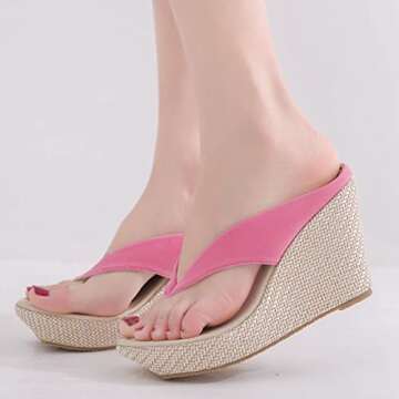 FSJ Women Cute Flowers Thong Flip Flops Rhinestone Pearl Low Platform Weave Sandals High Heel Wedge Arch Support Beach Comfort Walk Summer Slippers Vacation Size 14 Deep Pink