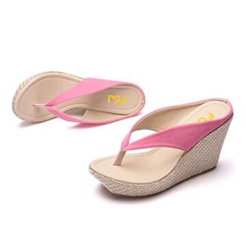 FSJ Women Cute Flowers Thong Flip Flops Rhinestone Pearl Low Platform Weave Sandals High Heel Wedge Arch Support Beach Comfort Walk Summer Slippers Vacation Size 14 Deep Pink