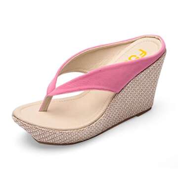 FSJ Women Cute Flowers Thong Flip Flops Rhinestone Pearl Low Platform Weave Sandals High Heel Wedge Arch Support Beach Comfort Walk Summer Slippers Vacation Size 14 Deep Pink