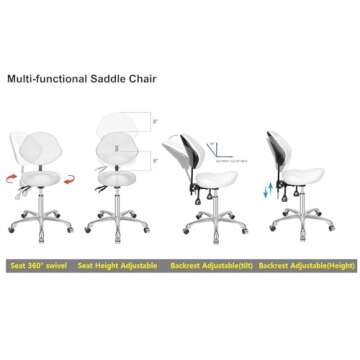 Kaleurrier Ergonomic Rolling Saddle Stool with Back - Adjustable White Chair