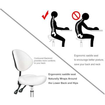 Kaleurrier Ergonomic Rolling Saddle Stool with Back - Adjustable White Chair