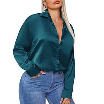 IN'VOLAND Plus Size Button Down Satin Silk Shirts Long Sleeve Basic Collar Blouse Casual Office Work...