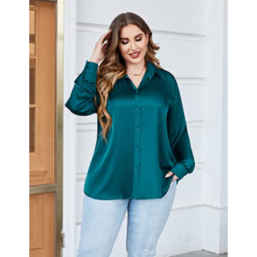 Versatile Plus Size Button Down Satin Silk Shirt for Women
