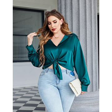 Versatile Plus Size Button Down Satin Silk Shirt for Women