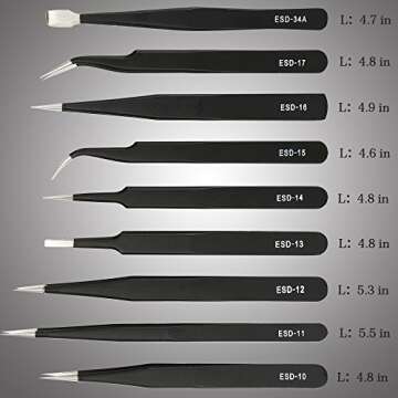 Kingsdun 9PCS Stainless Steel Tweezer Set - Precision Anti-static ESD Tools for Crafting and Electro...