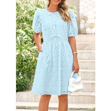 KIRUNDO Womens Summer Dresses 2025 Short Puff Sleeve Tie Front Eyelet Hollow Out A Line Wedding Guest Beach Sundress(Light Blue, Large)