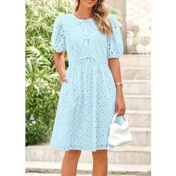 KIRUNDO Womens Summer Dresses 2025 Short Puff Sleeve Tie Front Eyelet Hollow Out A Line Wedding Guest Beach Sundress(Light Blue, Large)