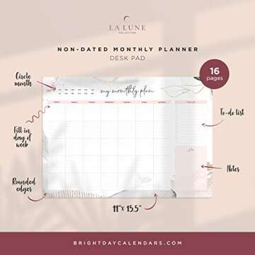 Non-Dated Desk Pad Blotter Office Calendar La Lune Collection by Bright Day, 16 Month 15.5 x 11 Inch, Floral Monthly Organizer Check List (Pink Abstract)