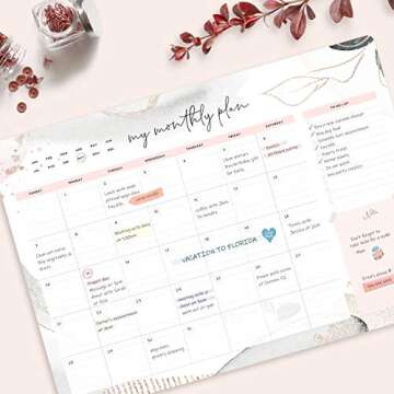 Non-Dated Desk Pad Blotter Office Calendar La Lune Collection by Bright Day, 16 Month 15.5 x 11 Inch, Floral Monthly Organizer Check List (Pink Abstract)