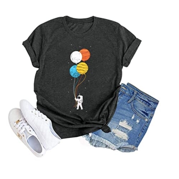 Graphic Shirt Women Cute Astronaut Moon Space Graphic Short Sleeve Tee Top Dark Gray