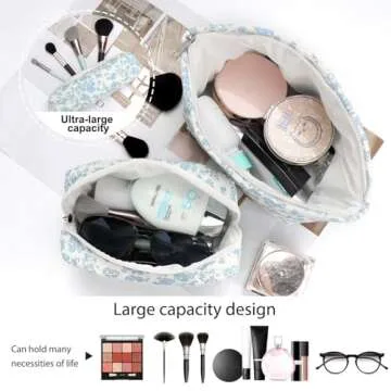EIMMBD Makeup Bag 3 Pieces Large Capacity Cosmetic Bag Travel Toiletry Bag Organizer Cute Makeup Bag Pouch Storage Bag for Women(Blue White)