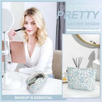 EIMMBD Makeup Bag 3 Pieces Large Capacity Cosmetic Bag Travel Toiletry Bag Organizer Cute Makeup Bag Pouch Storage Bag for Women(Blue White)