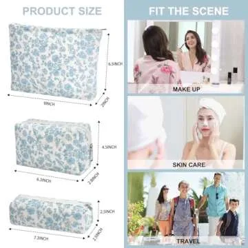 EIMMBD Makeup Bag 3 Pieces Large Capacity Cosmetic Bag Travel Toiletry Bag Organizer Cute Makeup Bag Pouch Storage Bag for Women(Blue White)