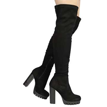 Wild Diva Women's Over The Knee Boot - Sexy Thigh High Boot - High Chunky Heel Platform Shoe - Comfortable Boot Black SZ 6