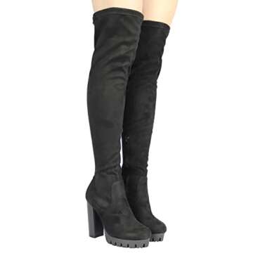 Wild Diva Women's Over The Knee Boot - Sexy Thigh High Boot - High Chunky Heel Platform Shoe - Comfortable Boot Black SZ 6