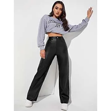Stylish High Waist Leather Look Straight Leg Jeans for Women