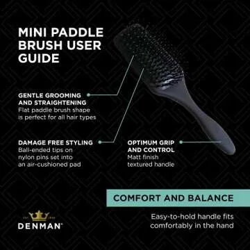 Denman (Black) Mini Paddle Cushion Hair Brush for Blow Drying, Detangling & On the Go Travel - Comfortable Styling, Straightening & Smoothing - For Women and Men, D84