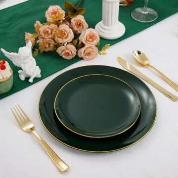 PULOTE 100PCS Green Plastic Plates - Green Disposable Plates With Gold Rim - Green Plates Disposable Include 50PCS Dinner Plates 10.25inch,50PCS Dessert Plates for Party&Christmas