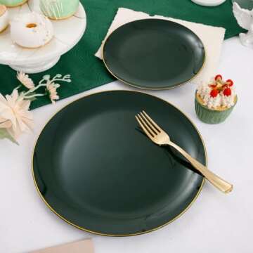 PULOTE 100PCS Green Plastic Plates - Green Disposable Plates With Gold Rim - Green Plates Disposable Include 50PCS Dinner Plates 10.25inch,50PCS Dessert Plates for Party&Christmas
