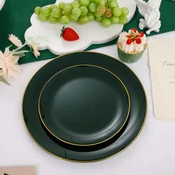 PULOTE 100PCS Green Plastic Plates - Green Disposable Plates With Gold Rim - Green Plates Disposable Include 50PCS Dinner Plates 10.25inch,50PCS Dessert Plates for Party&Christmas