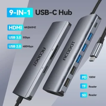 Acodot 9-in-1 USB C Hub with 4K HDMI Output and More