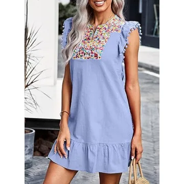 KIRUNDO Women's Summer Floral Embroidered Mini Dress Boho
