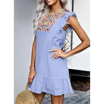KIRUNDO Women's Summer Floral Embroidered Mini Dress Boho