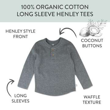 HonestBaby 5-Pack Waffle Henley Long Sleeve Shirts 100% Organic Cotton for Infant Baby and Toddler Boys, Unisex , Black Ombre, 12 Months