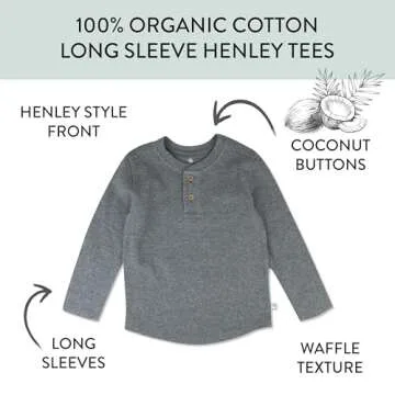 HonestBaby 5-Pack Waffle Henley Long Sleeve Shirts 100% Organic Cotton for Infant Baby and Toddler Boys, Unisex , Black Ombre, 12 Months