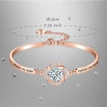 Aihitero Valentine's Day Gift for Sister, Engraved ‘Always My Sister Forever My Friend’ Love Bangle Bracelet, Rose Gold Women Jewelry, Christmas Mothers Day Birthday Present from Brother BFF Siblings