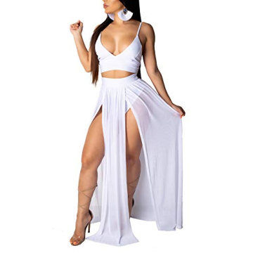 Women Sexy 2 Piece Outfits Dress Chiffon Strap Deep V Neck Bra Crop Top High Split Maxi Dresses Skir...
