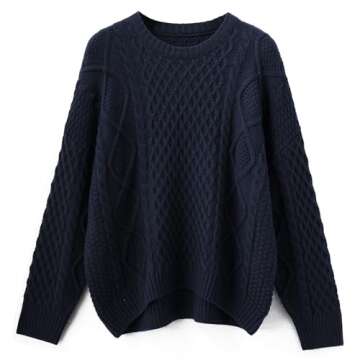 SUUKSESS Women Oversized Cable Knit Sweater Fall Long Sleeve Crew Neck Pullover Tops 2024(Navy, M)