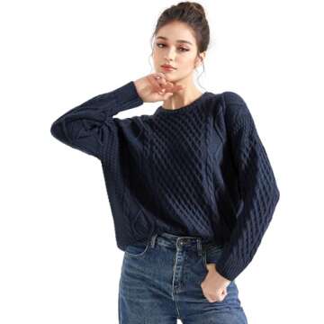 SUUKSESS Women Oversized Cable Knit Sweater Fall Long Sleeve Crew Neck Pullover Tops 2024(Navy, M)