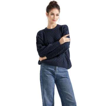 SUUKSESS Women Oversized Cable Knit Sweater Fall Long Sleeve Crew Neck Pullover Tops 2024(Navy, M)