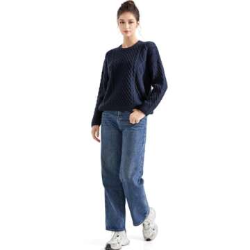 SUUKSESS Women Oversized Cable Knit Sweater Fall Long Sleeve Crew Neck Pullover Tops 2024(Navy, M)