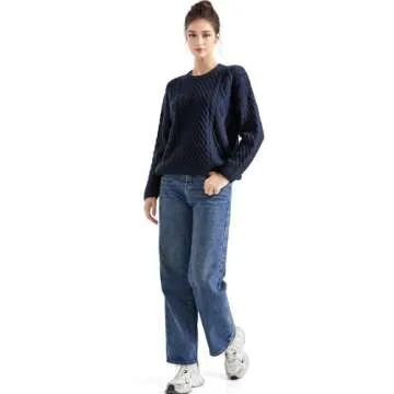 SUUKSESS Women Oversized Cable Knit Sweater Fall Long Sleeve Crew Neck Pullover Tops 2024(Navy, M)