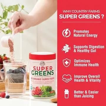Country Farms Organic Super Greens Berry Flavor, 50 Organic Super Foods, Packed with Fiber, USDA Organic Drink Mix, Fruits, Vegetables, Mushrooms & Probiotics, Supports Energy, 5g Fiber