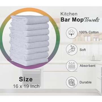 ZOYER Kitchen Bar Mops Towels 12 Pack - 16 x 19 Inches White Bar Towels for Kitchen, 100% Cotton Sup...
