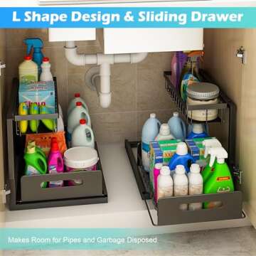 KOSIWU Under Sink Organizers and Storage, Pull Out Cabinet Organizer with Sliding Drawer 2 Tier Multi-Purpose Bathroom Shelf Organizer Black for Kitchen Bathroom Storage, 10.4, KSCJ-001