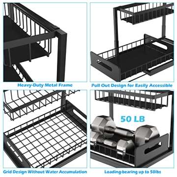 KOSIWU Under Sink Organizers and Storage, Pull Out Cabinet Organizer with Sliding Drawer 2 Tier Multi-Purpose Bathroom Shelf Organizer Black for Kitchen Bathroom Storage, 10.4, KSCJ-001