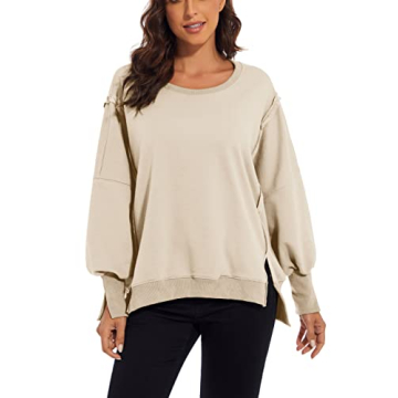 MISSACTIVER Women’s Oversized Contrast Patchwork Sweatshirt Casual Side Split High Low Hem Boyfriend Pullover Tops Streetwear Apricot