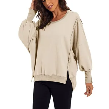 MISSACTIVER Women’s Oversized Contrast Patchwork Sweatshirt Casual Side Split High Low Hem Boyfriend Pullover Tops Streetwear Apricot