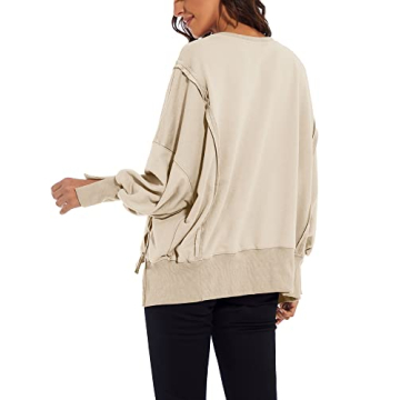 MISSACTIVER Women’s Oversized Contrast Patchwork Sweatshirt Casual Side Split High Low Hem Boyfriend Pullover Tops Streetwear Apricot