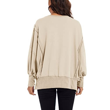 MISSACTIVER Women’s Oversized Contrast Patchwork Sweatshirt Casual Side Split High Low Hem Boyfriend Pullover Tops Streetwear Apricot