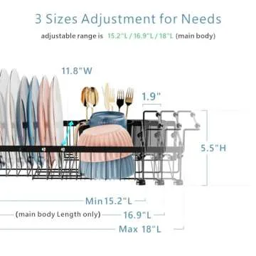 iSPECLE Dish Drying Rack - 3 Sizes Adjustable Large Dish Rack (16.9'',18.7'',20.4'') - Over Sink Drying Rack with Cutlery Holder, in Sink or on Counter Dish Drainer, Metal, Black (Only fit>17.5" Sink)