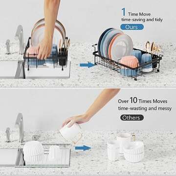 iSPECLE Dish Drying Rack - 3 Sizes Adjustable Large Dish Rack (16.9'',18.7'',20.4'') - Over Sink Drying Rack with Cutlery Holder, in Sink or on Counter Dish Drainer, Metal, Black (Only fit>17.5" Sink)