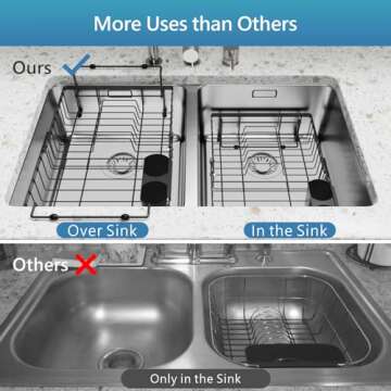 iSPECLE Dish Drying Rack - 3 Sizes Adjustable Large Dish Rack (16.9'',18.7'',20.4'') - Over Sink Drying Rack with Cutlery Holder, in Sink or on Counter Dish Drainer, Metal, Black (Only fit>17.5" Sink)